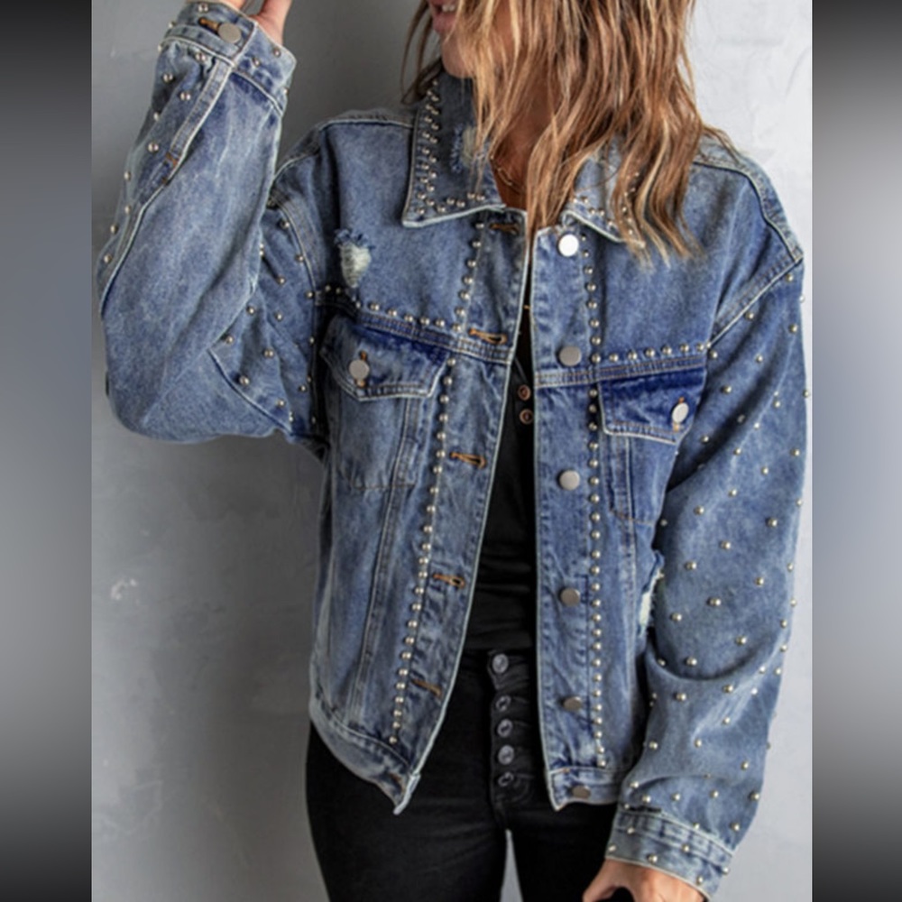 Beaded Rivet Pocket Distressed Denim Jacket
